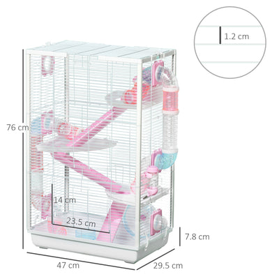 PawHut 4-Tier Hamster Cage, Gerbilarium Cage w/ Tubes, Exercise Wheel, Hut, Ramps, Platforms, 47 x 29.5 x 76cm