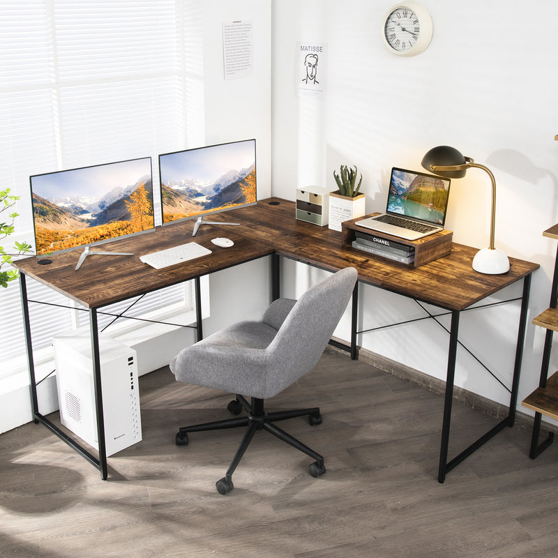 Reversible Corner Study Workstation and Writing Desk with Monitor Stand-Rustic Brown