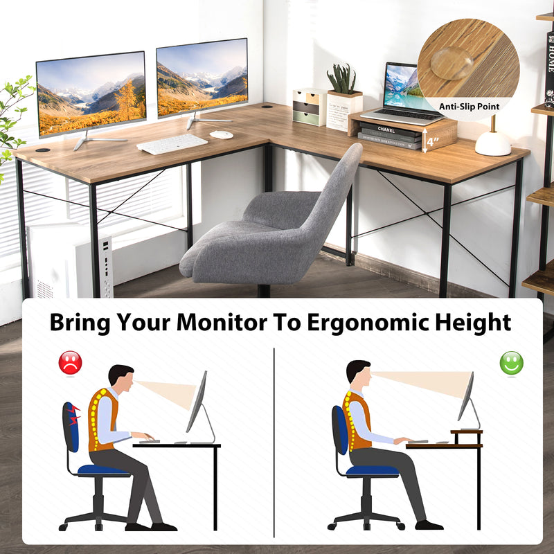 Reversible Corner Study Workstation and Writing Desk with Monitor Stand-Natural