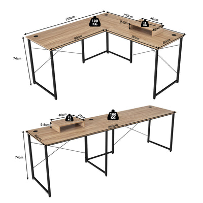 Reversible Corner Study Workstation and Writing Desk with Monitor Stand-Natural