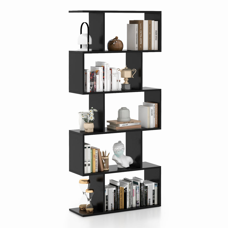 Geometric S-Shaped Bookcase with Anti-Toppling Device for Living Room Home Office-Black