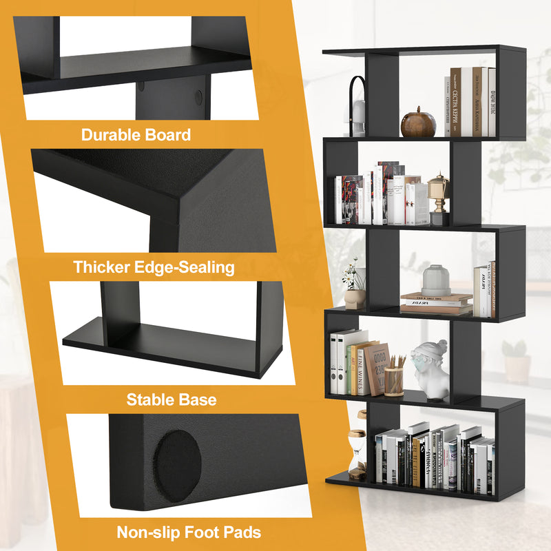 Geometric S-Shaped Bookcase with Anti-Toppling Device for Living Room Home Office-Black