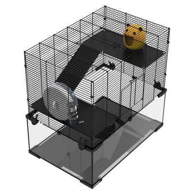 PawHut 3 Tiers Hamster Cage, Gerbil Cage with Deep Glass Bottom, Non-Slip Ramps, Platforms, Hut Exercise Wheels Water Bottle for Syrian Dwarf Hamster