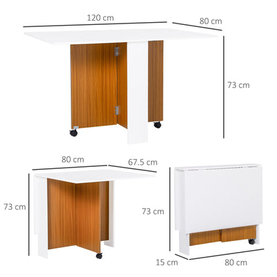 HOMCOM Folding Dining Table Writing Desk Workstation w/ Casters Teak Colour, White