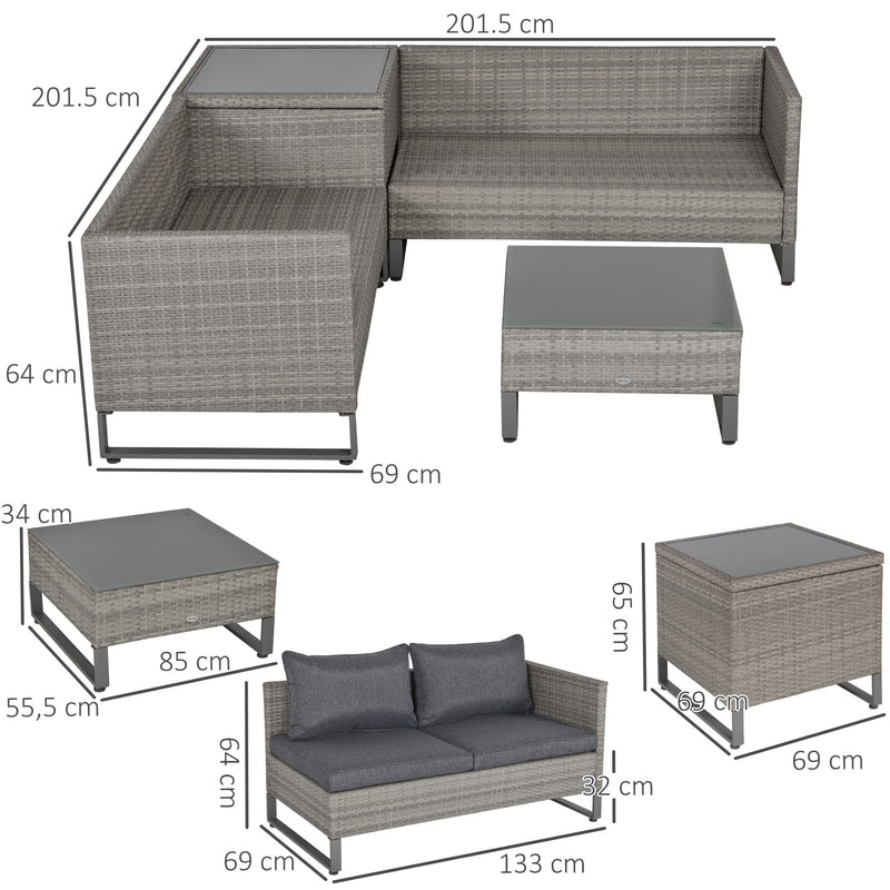 Outsunny 4-Seater PE Rattan Sofa Set Wicker Garden Furniture Outdoor Conservatory Furniture Coffee Table w/ Side Storage Box & Cushion, Grey