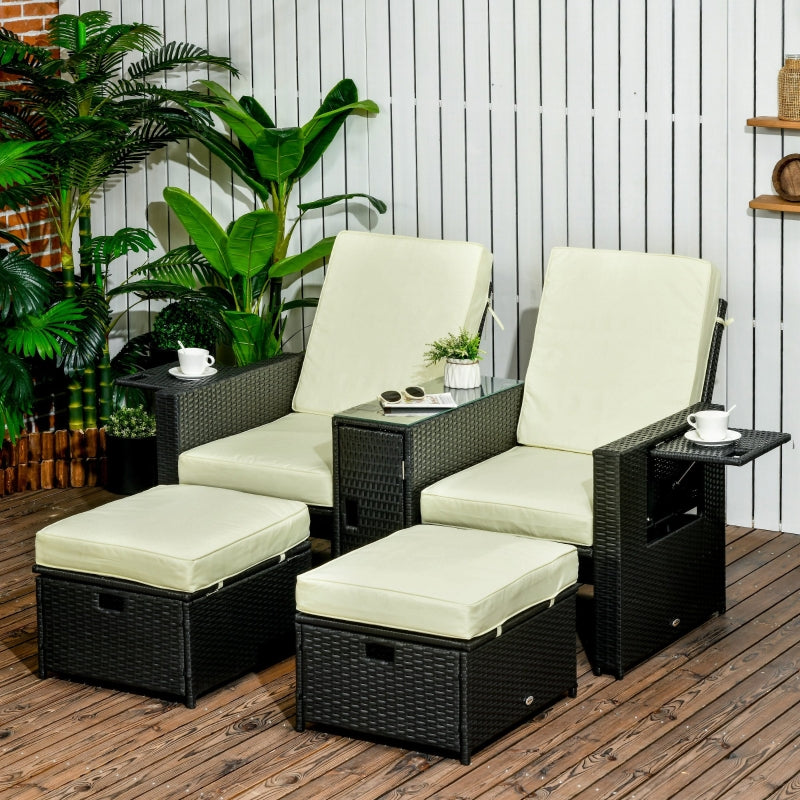 Outdoor Wicker 5-level Adjustable Recliner Sofa Bed With Storage Side And Footstools- Black