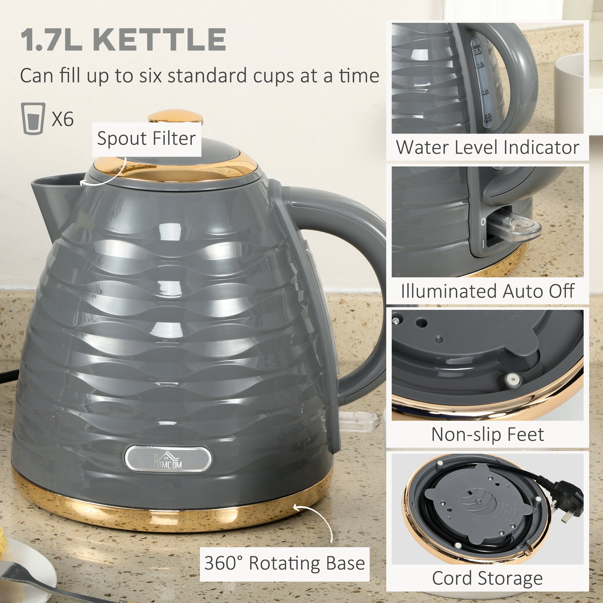 HOMCOM Kettle and Toaster Set 1.7L Rapid Boil Kettle & 4 Slice