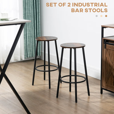 HOMCOM Bar Stools Set of 2, Industrial Breakfast Bar Stools with Round Footrest and Steel Legs for Dining Room, Kitchen, Rustic Brown