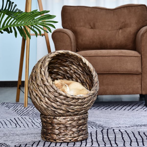 Cats Woven Banana Leaf Elevated Basket Bed W/ Cushion - Grey