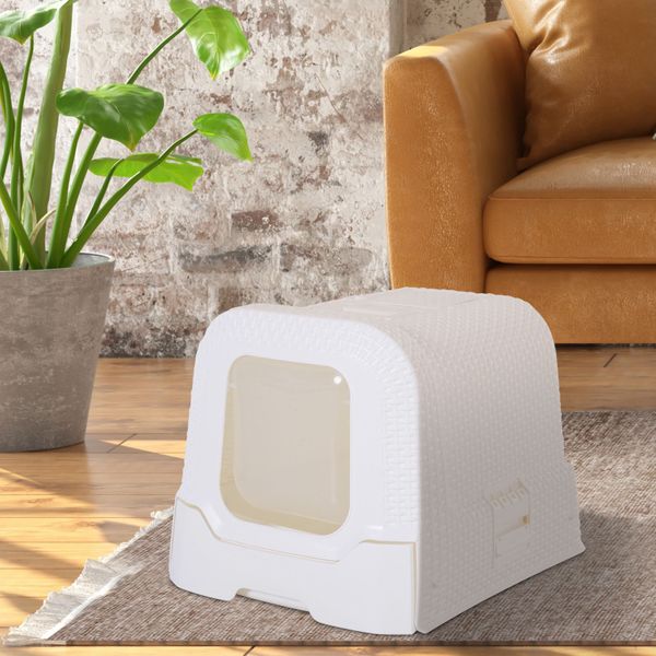 Cats Plastic Enclosed Litter Box W/ Scoop - White