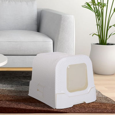 Cats Plastic Enclosed Litter Box W/ Scoop - White