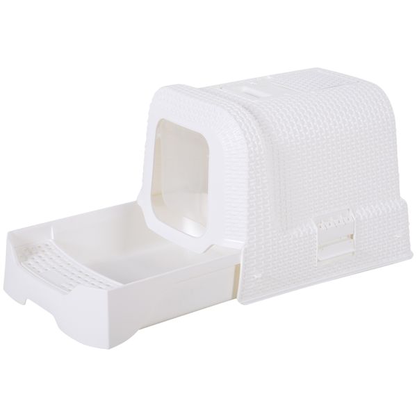 Cats Plastic Enclosed Litter Box W/ Scoop - White