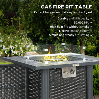 Outsunny Outdoor PE Rattan Gas Fire Pit Table, Patio Square Propane Heater with Marble Desktop, Rain Cover, Glass Windscreen, and Glass Stones Black