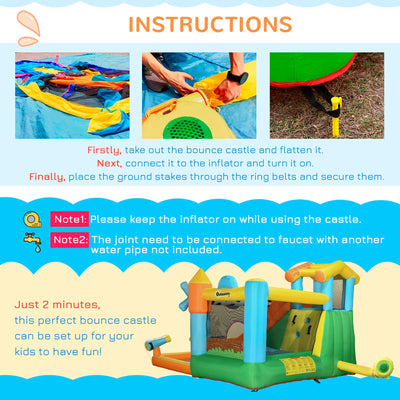 Outsunny 5 in 1 Kids Bounce Castle Farm Style Inflatable House with Slide Trampoline Pool Water Cannon Climbing Wall Inflator Carry bag for Ages 3-8