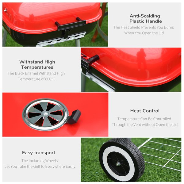 45x47.5x70 Cm. Barbecue Grill W/2 Wheels - Red/Black