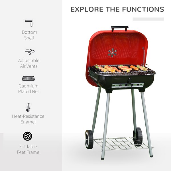 45x47.5x70 Cm. Barbecue Grill W/2 Wheels - Red/Black