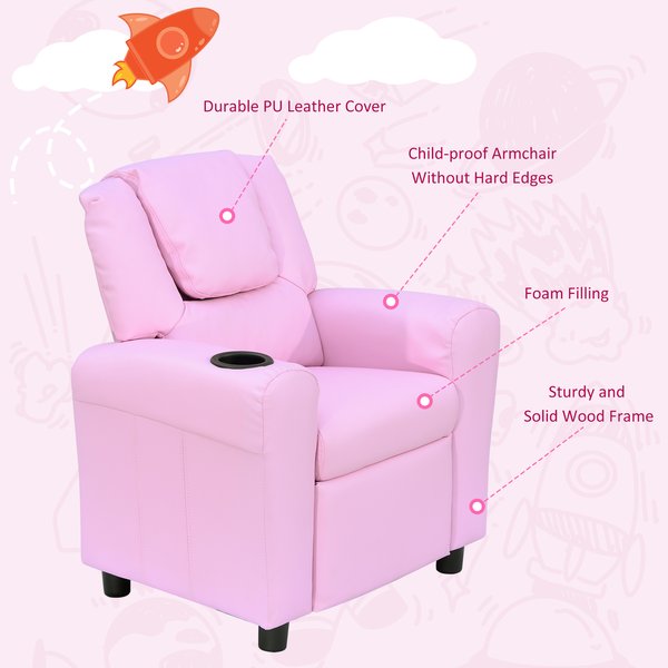 Children Recliner Armchair W/ Cup Holder - Pink