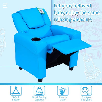 Children Recliner Armchair W/ Cup Holder - Blue