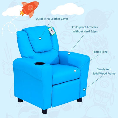 Children Recliner Armchair W/ Cup Holder - Blue