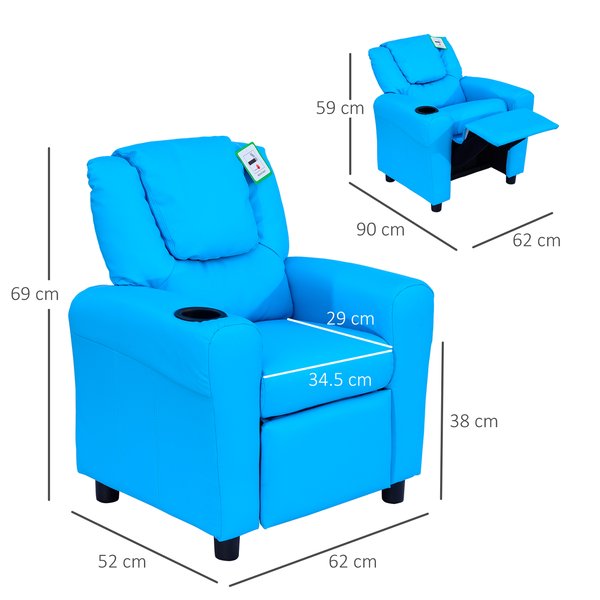 Children Recliner Armchair W/ Cup Holder - Blue