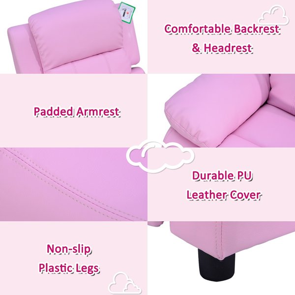 Kids Recliner Armchair W/ Storage Space On Arms - Pink