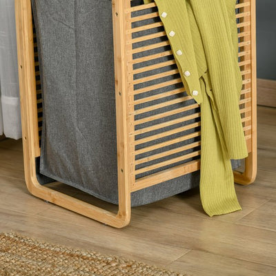 Compact Bamboo Laundry Hamper Basket With Removable Fabric Liner For Bathroom