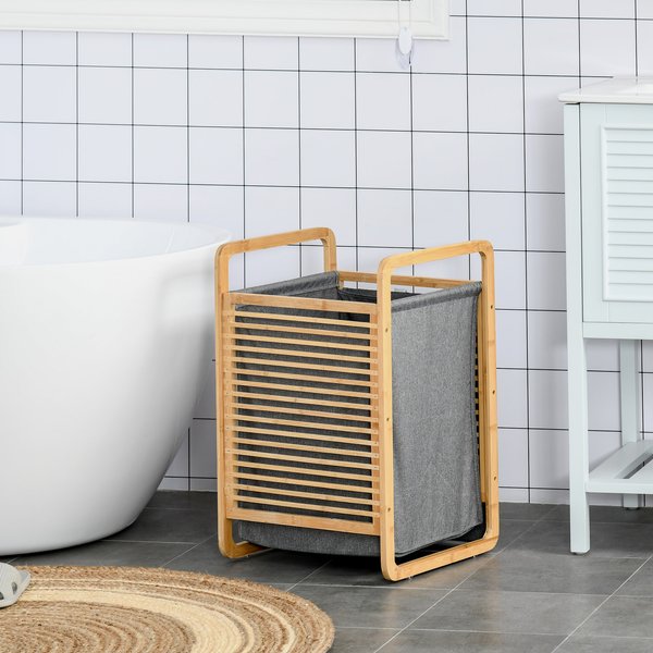 Compact Bamboo Laundry Hamper Basket With Removable Fabric Liner For Bathroom