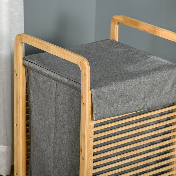 Compact Bamboo Laundry Hamper Basket With Removable Fabric Liner For Bathroom