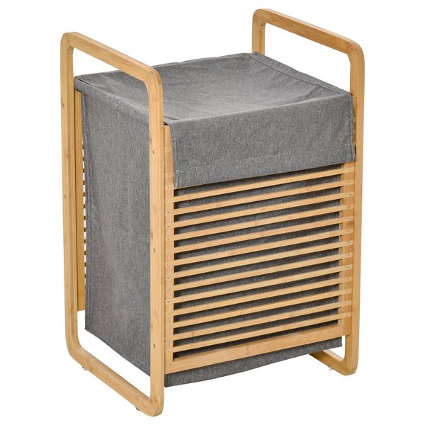 Compact Bamboo Laundry Hamper Basket With Removable Fabric Liner For Bathroom