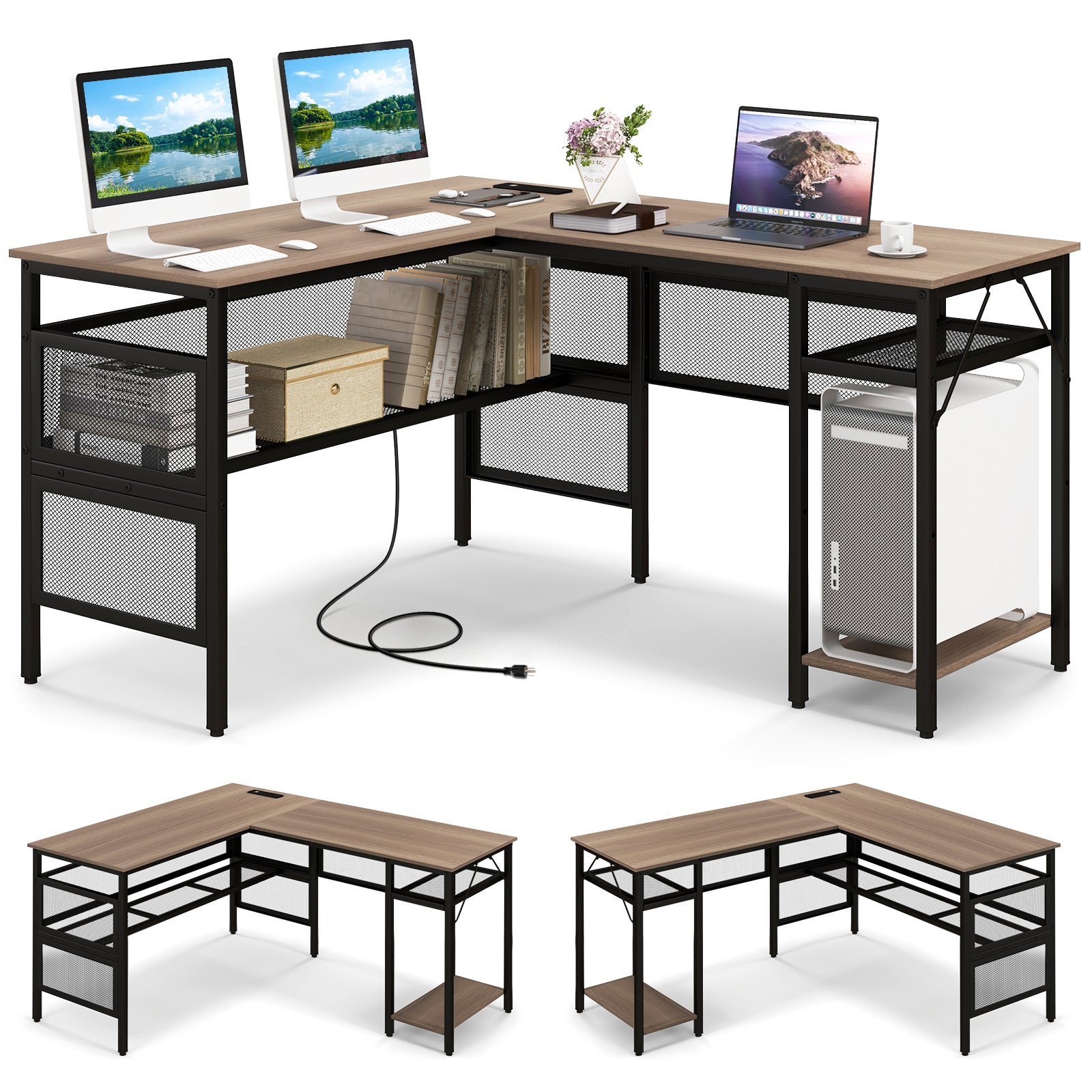 L shaped desk store with charging station