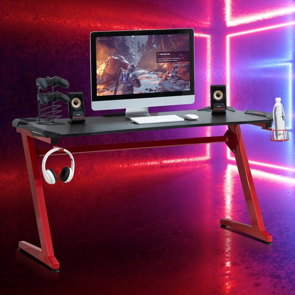 Computer Gaming Desk, Writing Table w/ Cup Holder & Headphone hook - Red/Black