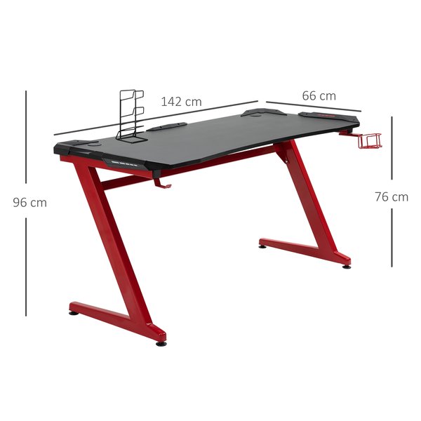 Computer Gaming Desk, Writing Table w/ Cup Holder & Headphone hook - Red/Black