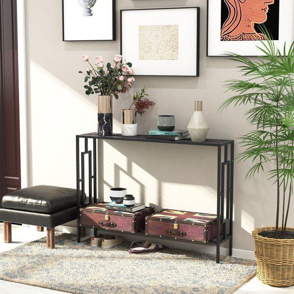 Console Narrow Table W/ 2 Shelves, Steel Frame, For Hallway, Entryway 106Lx23.2Wx76H cm