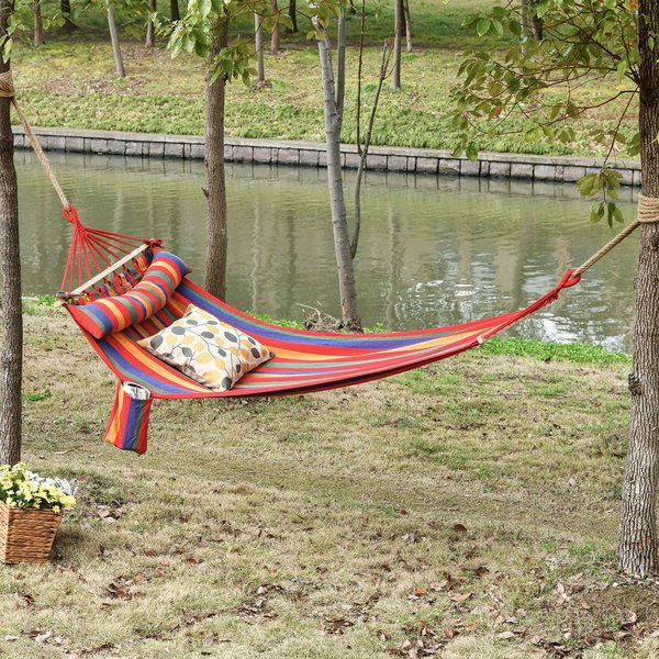 Hammock Swing Chair W/ Headrest And Side Pocket - Rainbow Stripes