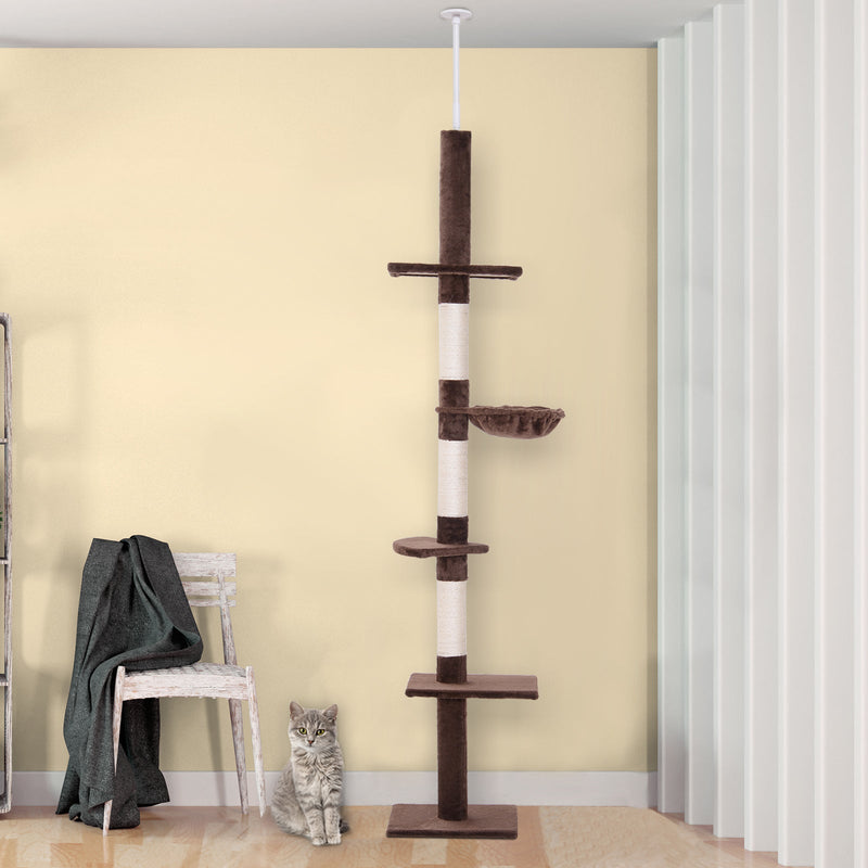 Árbol para gatos PawHut de piso a techo para gatos de interior, torre para gatos de 5 niveles, centro de actividades para escalar, poste rascador, altura ajustable de 230 a 260 cm, color marrón