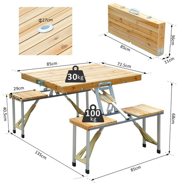 Outdoor Garden Portable Folding Picnic Table Bench Set - Natural Wood Color