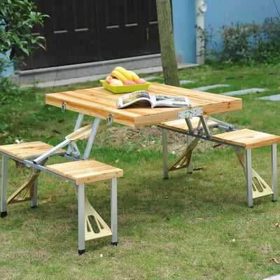 Outdoor Garden Portable Folding Picnic Table Bench Set - Natural Wood Color