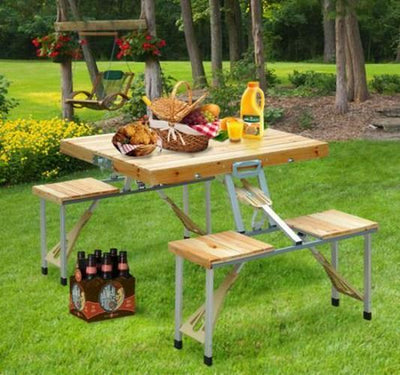 Outdoor Garden Portable Folding Picnic Table Bench Set - Natural Wood Color