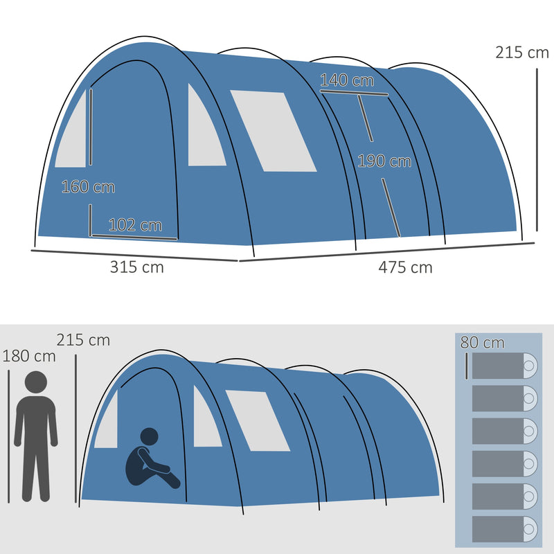 Outsunny 5-6 Man Tunnel Tent, Two Room Camping Tent with Sewn-In Floor, 2 Doors and Carry Bag, 2000mm Water Column for Fishing, Hiking, Sports