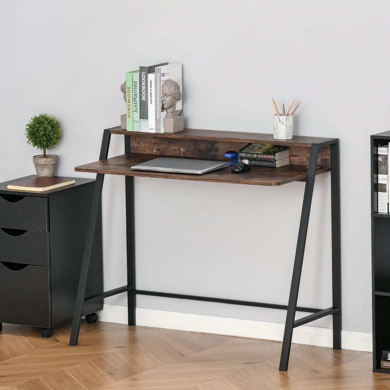 Industrial-Style Writing Desk, With Top Shelf - Brown