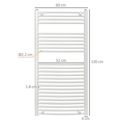 HOMCOM Straight Heated Towel Rail, Hydronic Bathroom Ladder Radiator Towel Warmer For Central Heating 600mm x 1200mm, White