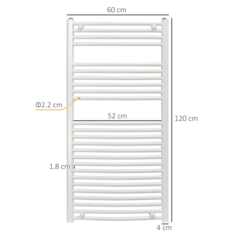 HOMCOM Straight Heated Towel Rail, Hydronic Bathroom Ladder Radiator Towel Warmer For Central Heating 600mm x 1200mm, White