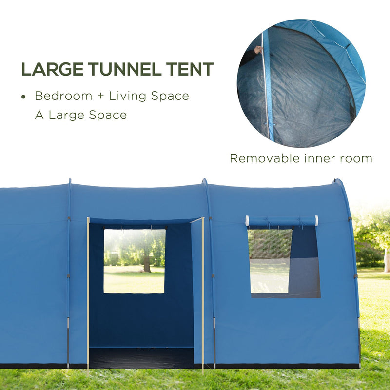 Outsunny 5-6 Man Tunnel Tent, Two Room Camping Tent with Sewn-In Floor, 2 Doors and Carry Bag, 2000mm Water Column for Fishing, Hiking, Sports