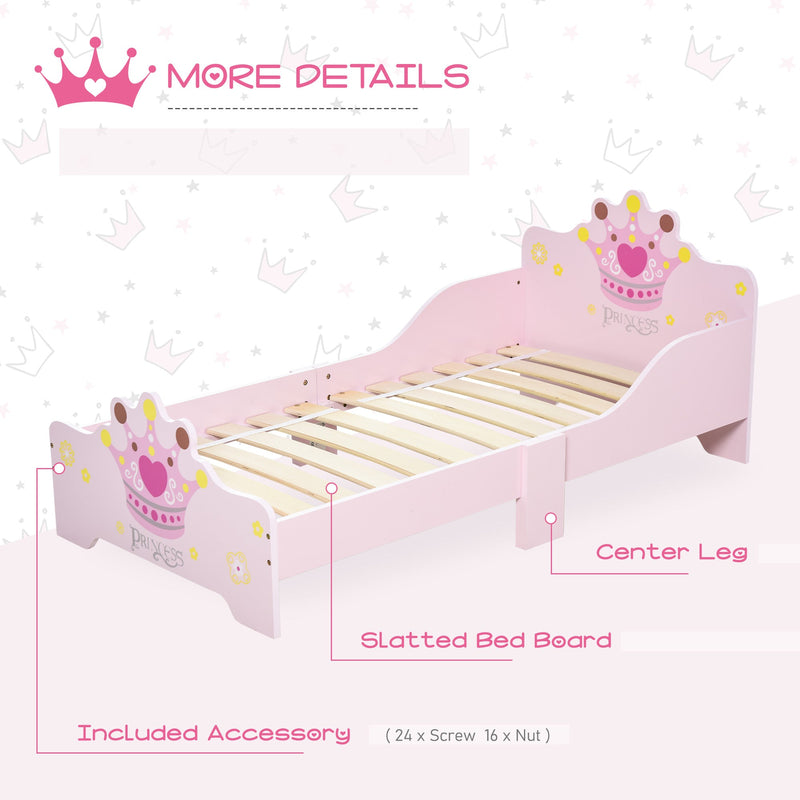 HOMCOM Kids Wooden Bed with Crown Modeling Safety Side Rails Easy to Clean Perfect Gift for Toddlers Girls Age 3 to 6 Years Old Pink