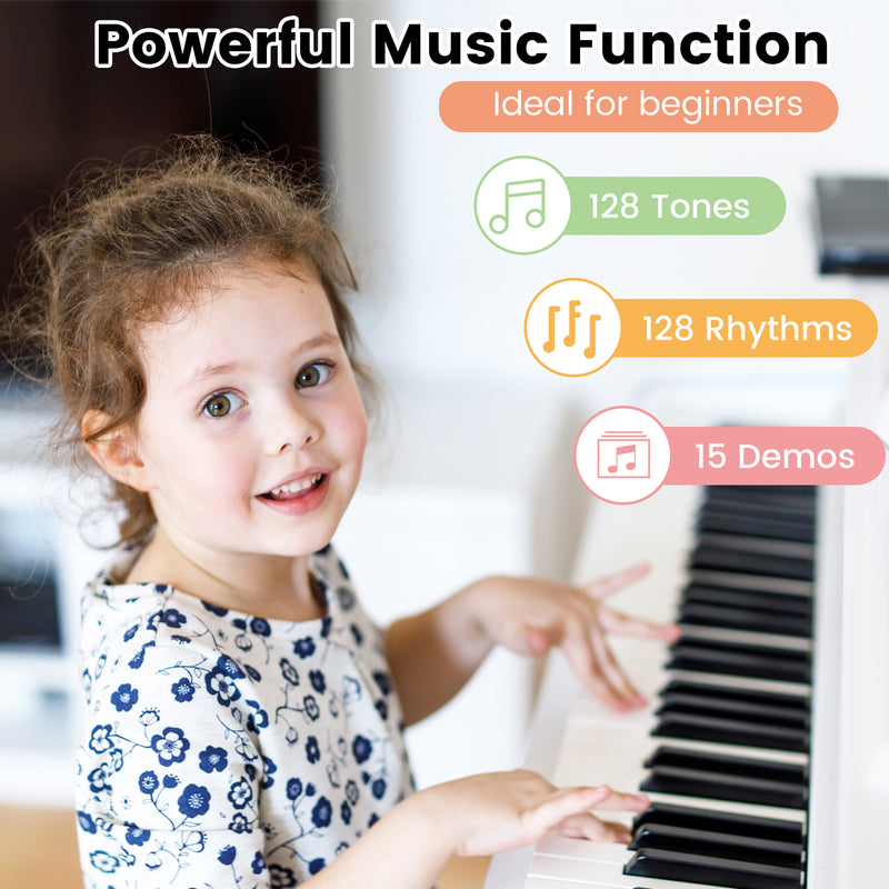 Piano digital plegable de 88 teclas para principiantes, niños y adultos, color blanco