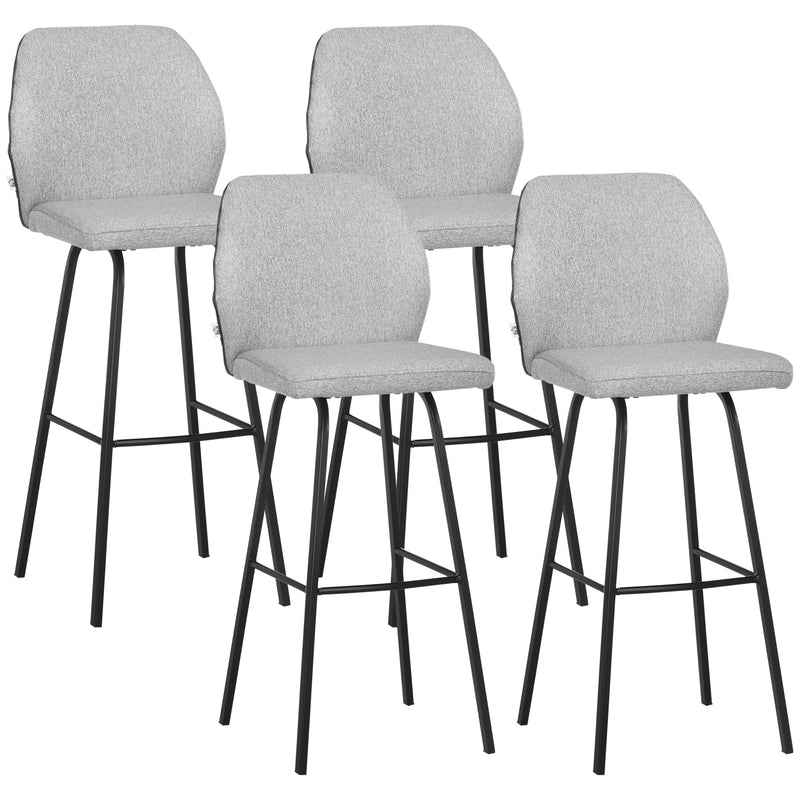 HOMCOM Bar Stools Set of 4, Linen-Touch Upholstered Bar Chairs, Kitchen Stools with Backs and Steel Legs for Dining Room, Light Grey