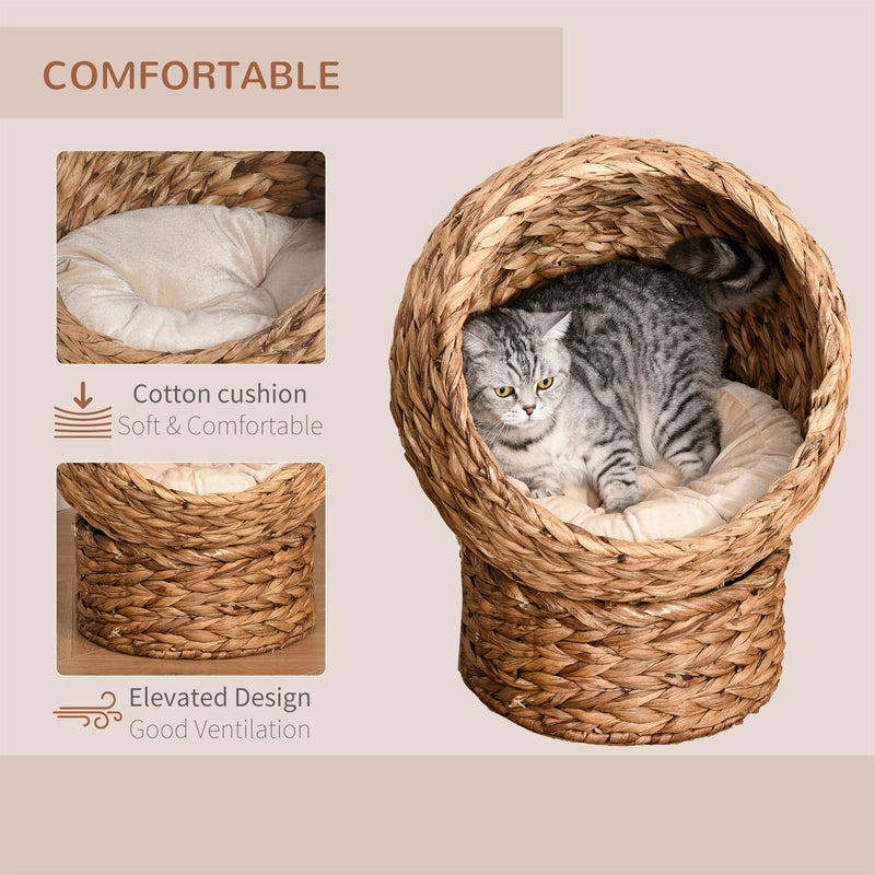 Cama de mimbre para gatos PawHut, cesta elevada de ratán para gatos con base cilíndrica, cojín suave lavable, marrón, 42 x 33 x 52 cm