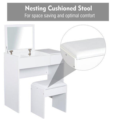 Dressing Table With Flip-up Mirror And Padded Stool - White