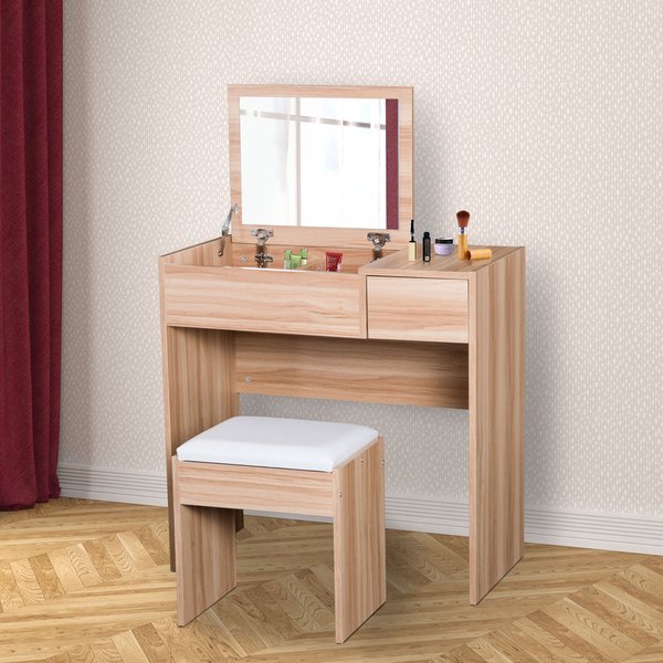 Dressing Table With Mirror And Stool - Wood Grain Colour