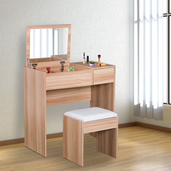 Dressing Table With Mirror And Stool - Wood Grain Colour